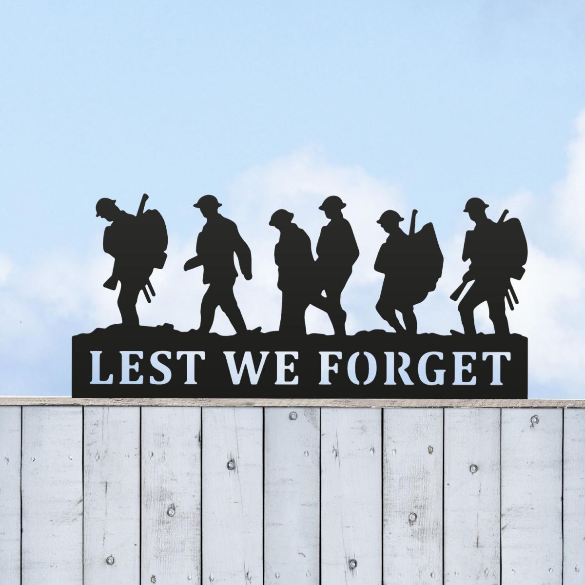 Black Memorial Fence Topper with Walking Soldiers "Lest We Forget" Motif