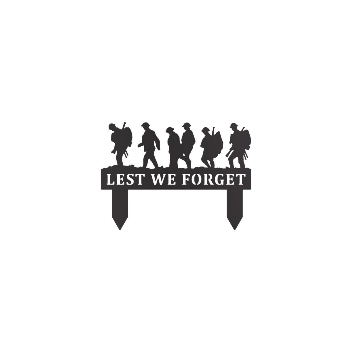 Black Memorial Ground Spike with Walking Soldiers "Lest We Forget" Topper with Spikes