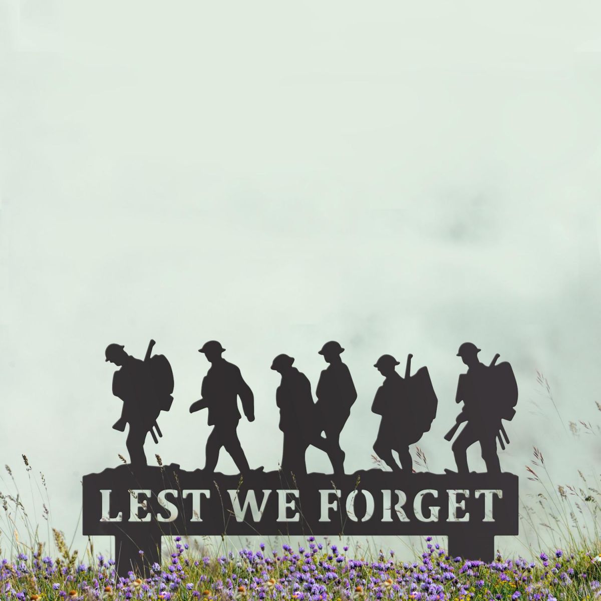 Black Memorial Ground Spike with Walking Soldiers "Lest We Forget" Topper