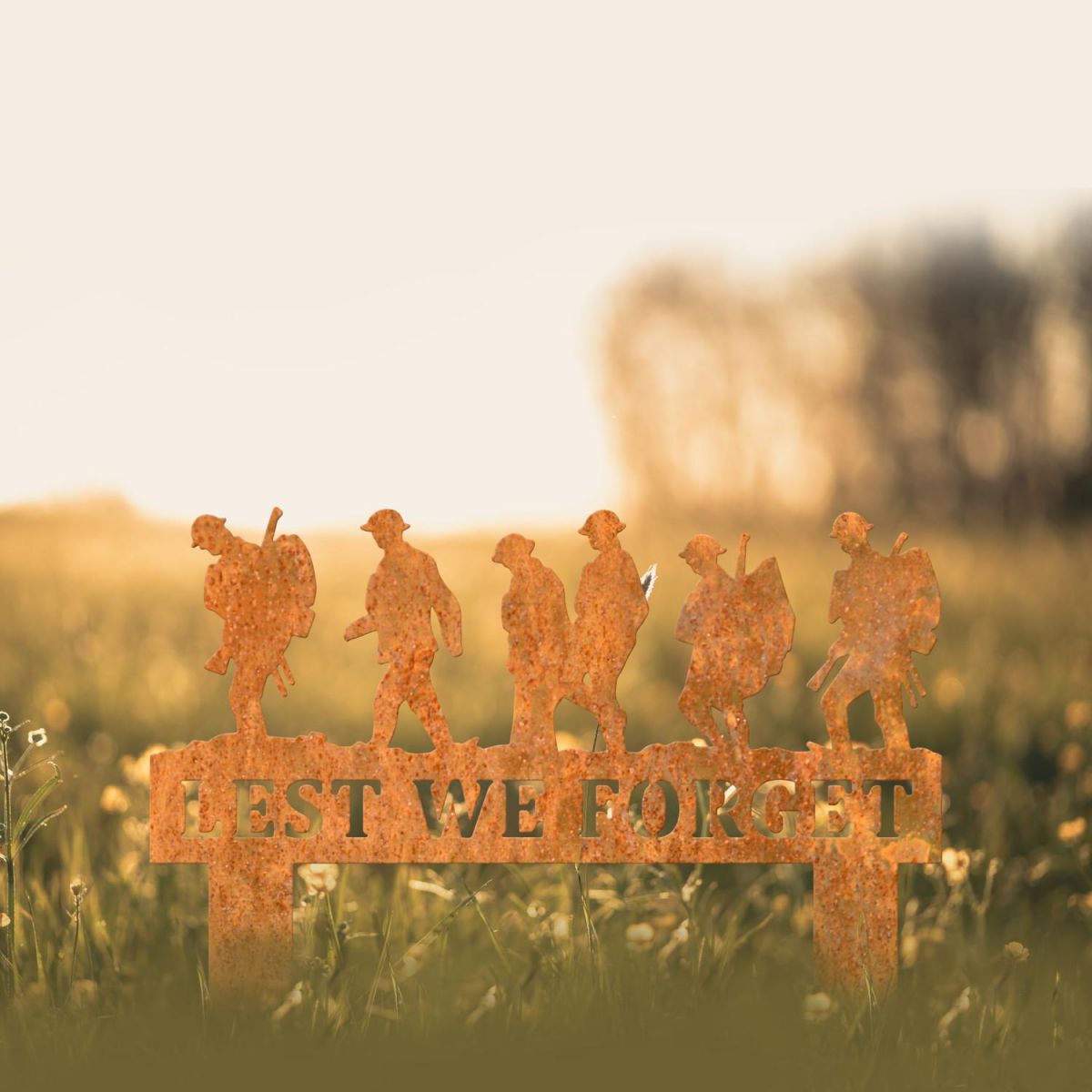 Walking Soldiers "Lest We Forget" Memorial Ground Spike in Rustic Finish