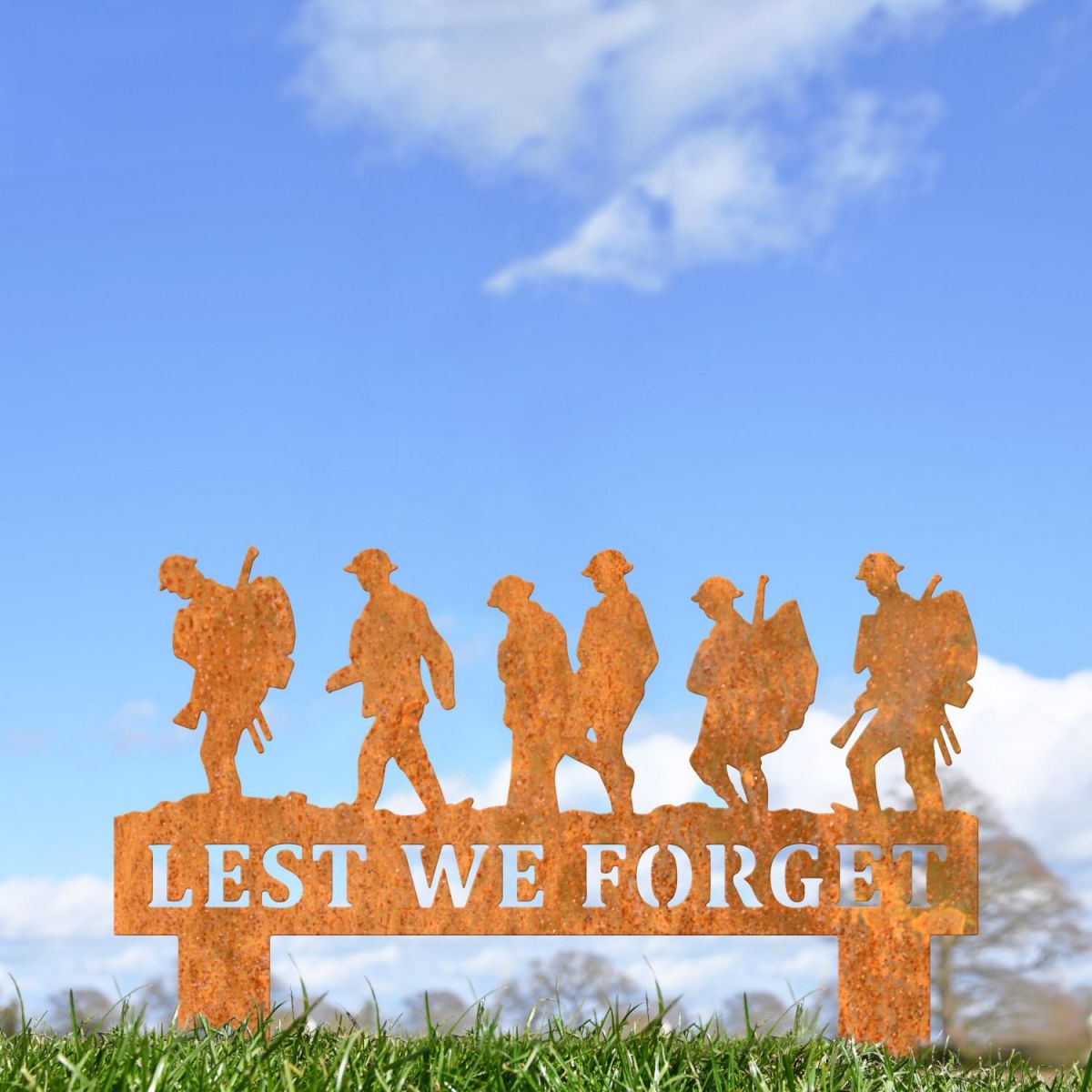 Rustic Memorial Ground Spike with Walking Soldiers "Lest We Forget" Topper