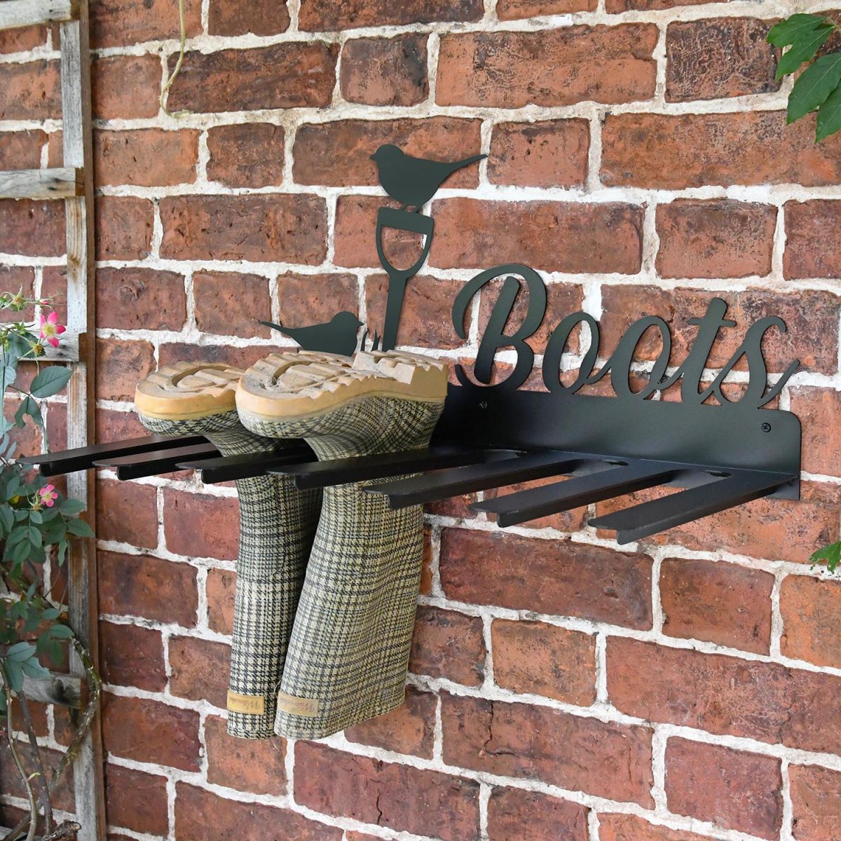 Wall Mounted Robin Iron Boot Holder in Situ Holding Wellys