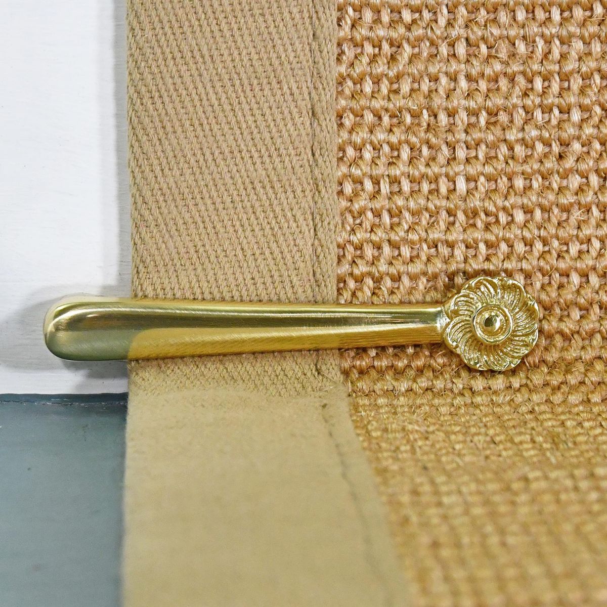 "Welling Manor Florentine" Polished Brass Stair Clips in Use against the Stair Runner