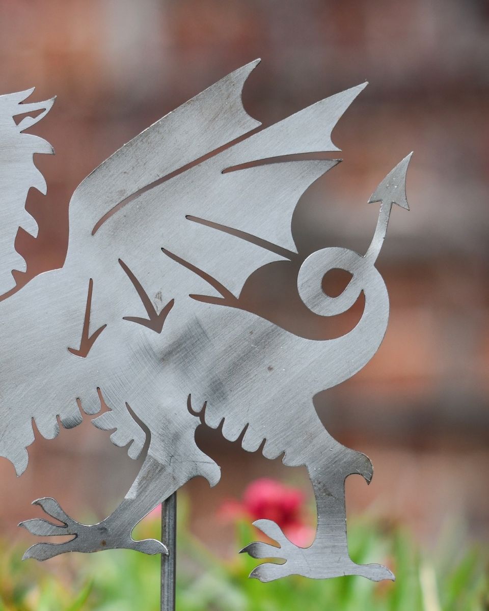 Welsh Dragon Artistic Plant Pot Spike - Set of Two close up of wings and tail