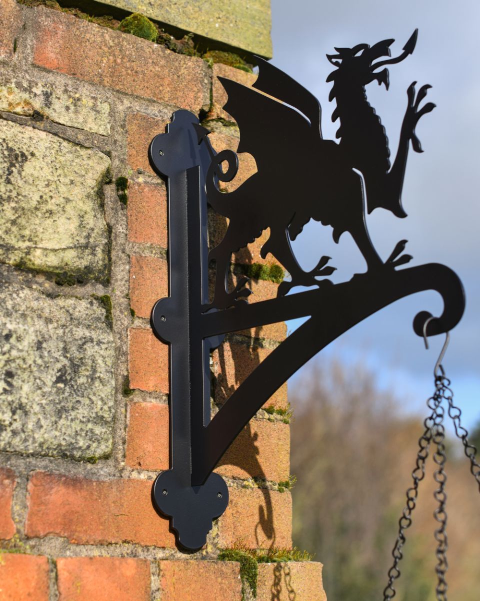 Welsh Dragon Iron Hanging Basket Bracket mounted to wall Welsh Dragon Iron Hanging Basket Bracket mounted to wall