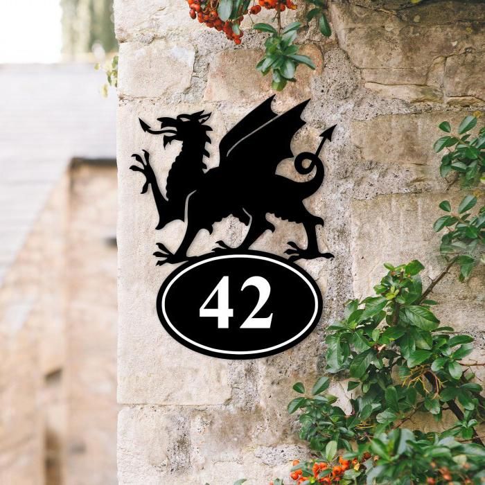 Welsh Dragon Iron House Number Sign in Situ on a House Welsh Dragon Iron House Number Sign in Situ on a House