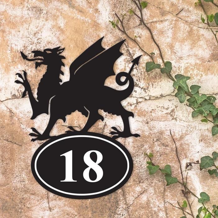 Welsh Dragon Iron House Number Sign in Situ a Rustic Wall Welsh Dragon Iron House Number Sign in Situ a Rustic Wall