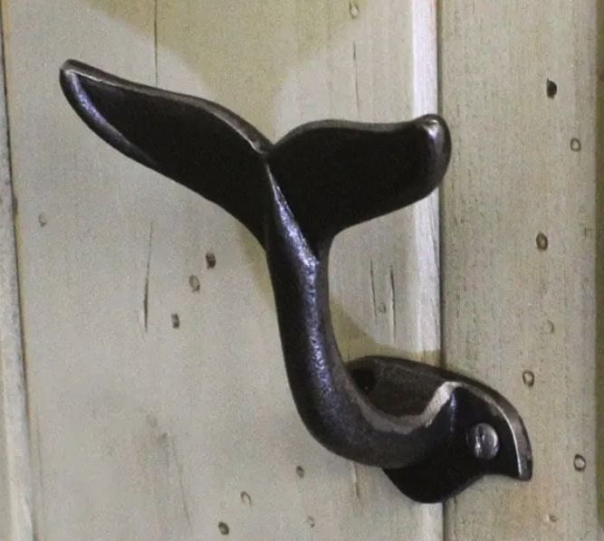 Whale Tail Cast Iron Coat & Hat Hook Mounted on a Wooden Wall
