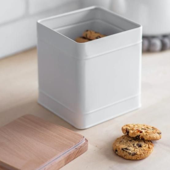Large White Storage Canister with Beech Wood Lid in Use