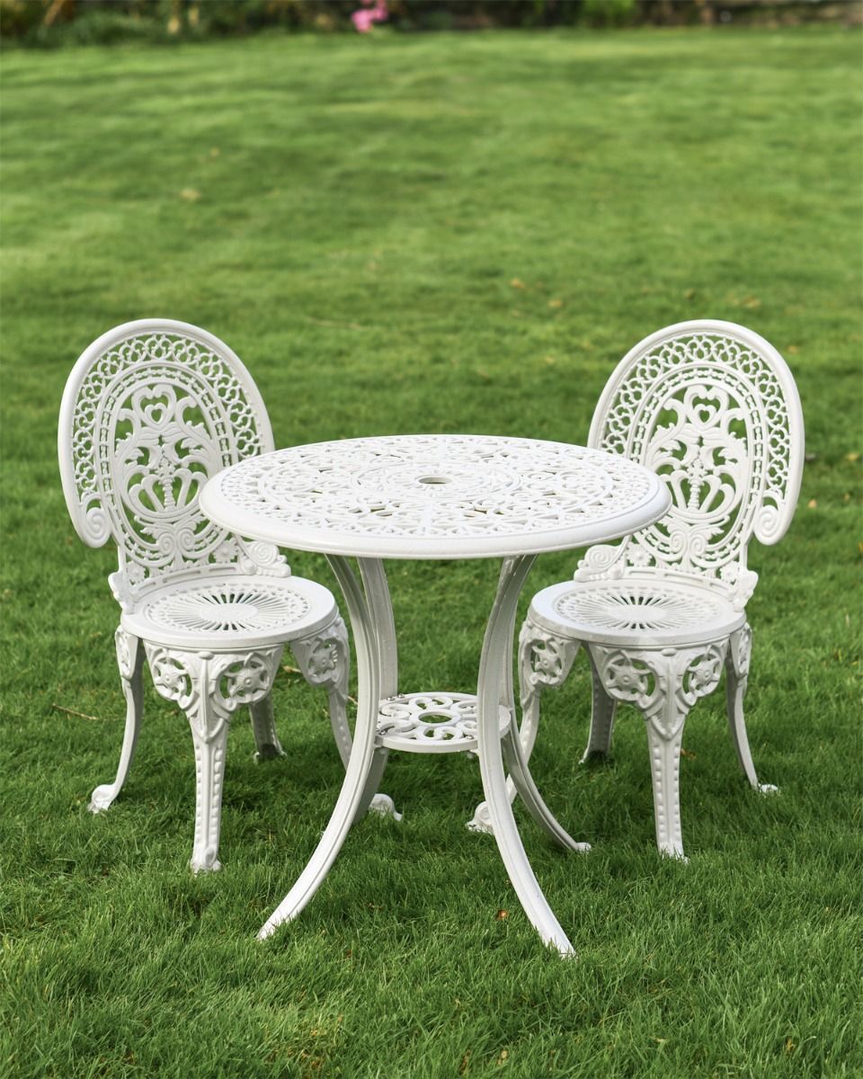 Cast Aluminium "Hamptons" White Two Seater Garden Table & Chair Set 