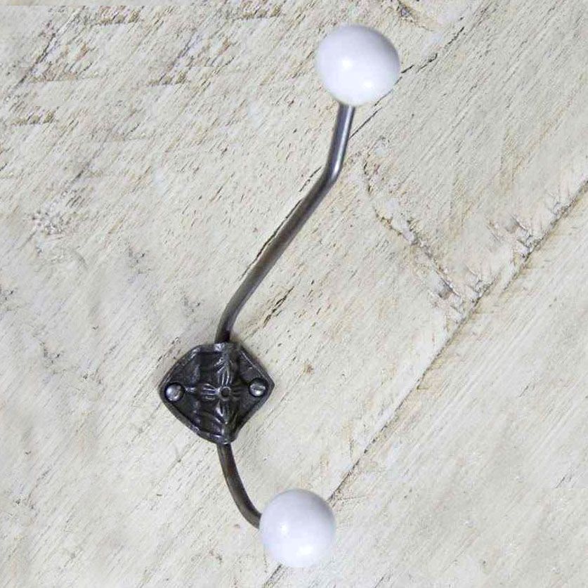 Large Iron Coat Hook With White Ceramic Tips