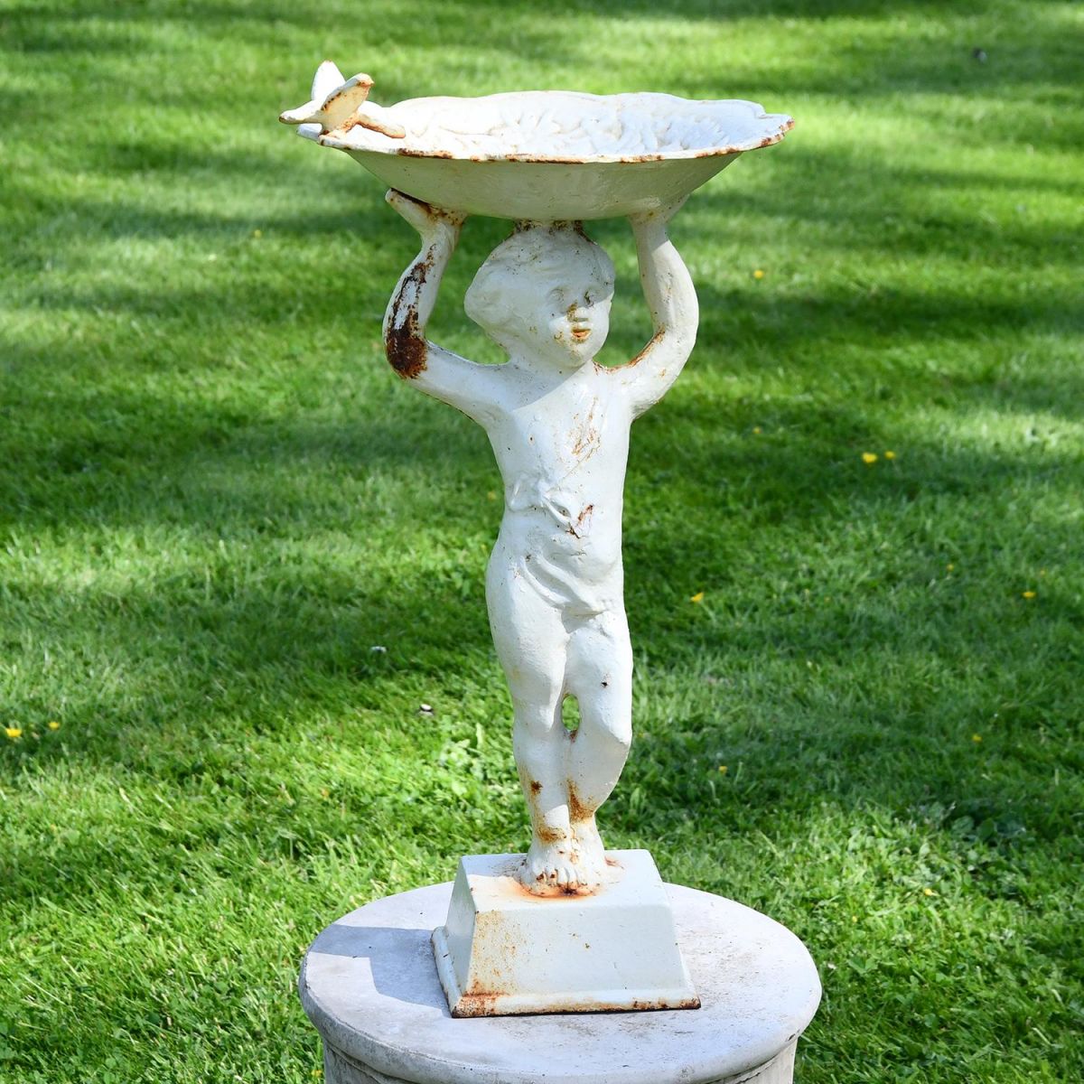 Cream Cherub Bird Bath in situ Cream Cherub Bird Bath in situ