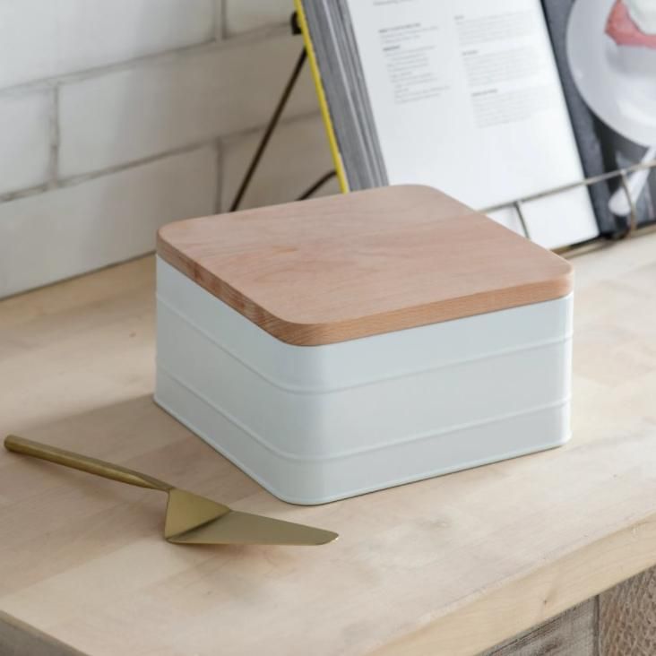 White Cake Tin with Beech Wood Lid