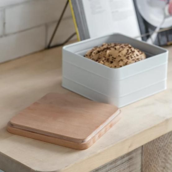 White Cake Tin with Beech Wood Lid in Use