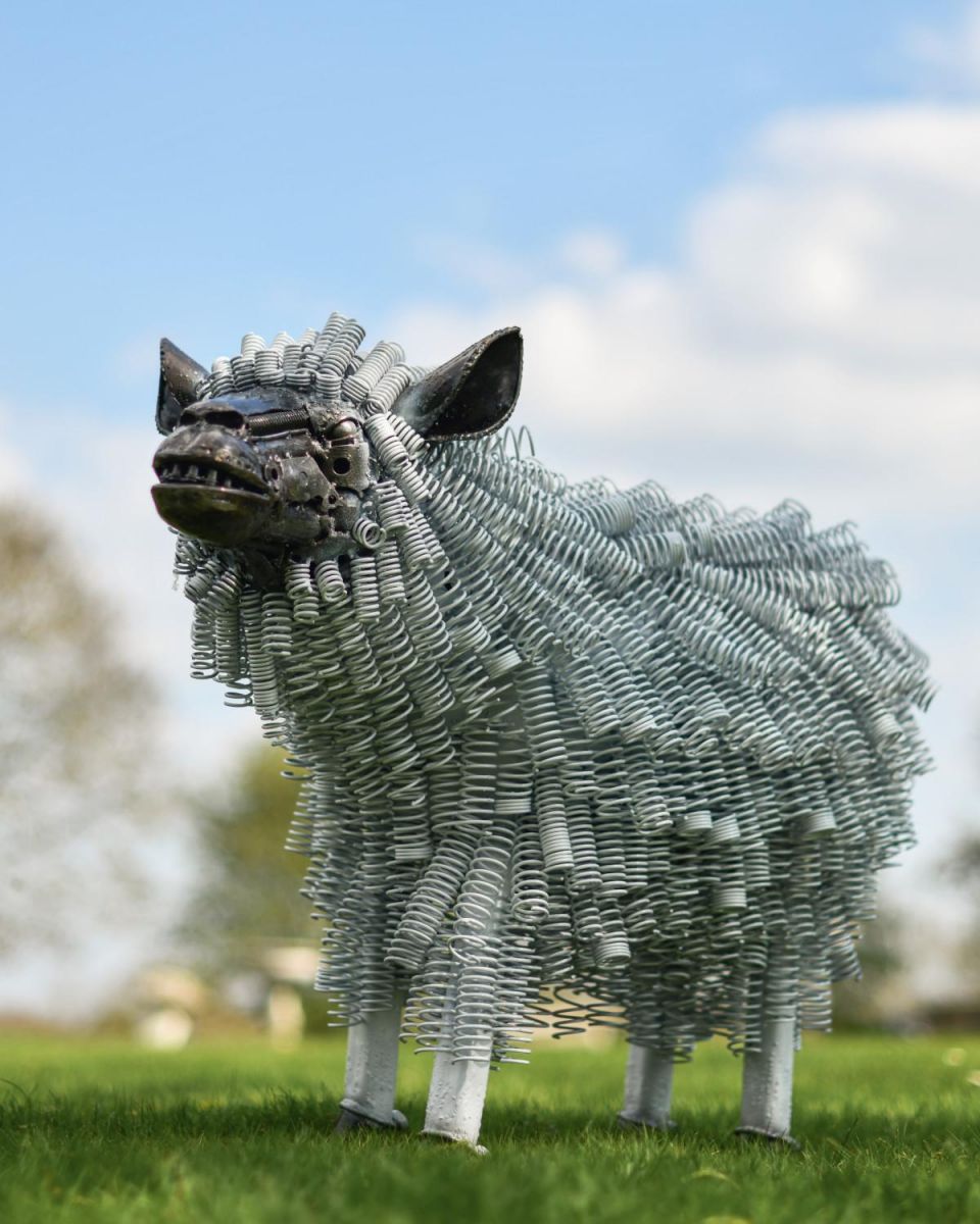 White Twisted Metal Sheep Garden Sculpture - Recycled Outdoor Ornament in Situ