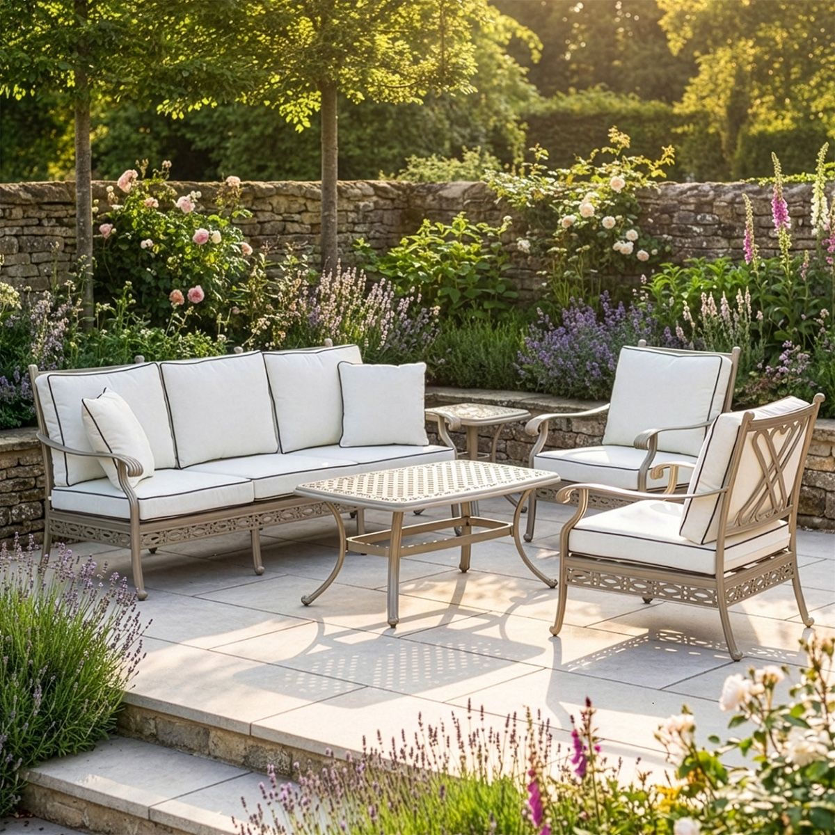 Wide shot of full lounge set with sofa, two chairs and two tables digital illustration digital illustration