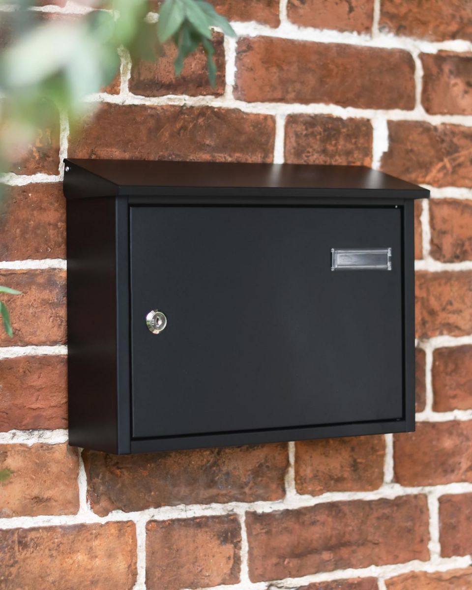 Situ Shot of Wide Steel Black Wall Mounted Post Box with Lock & Reflector Plate