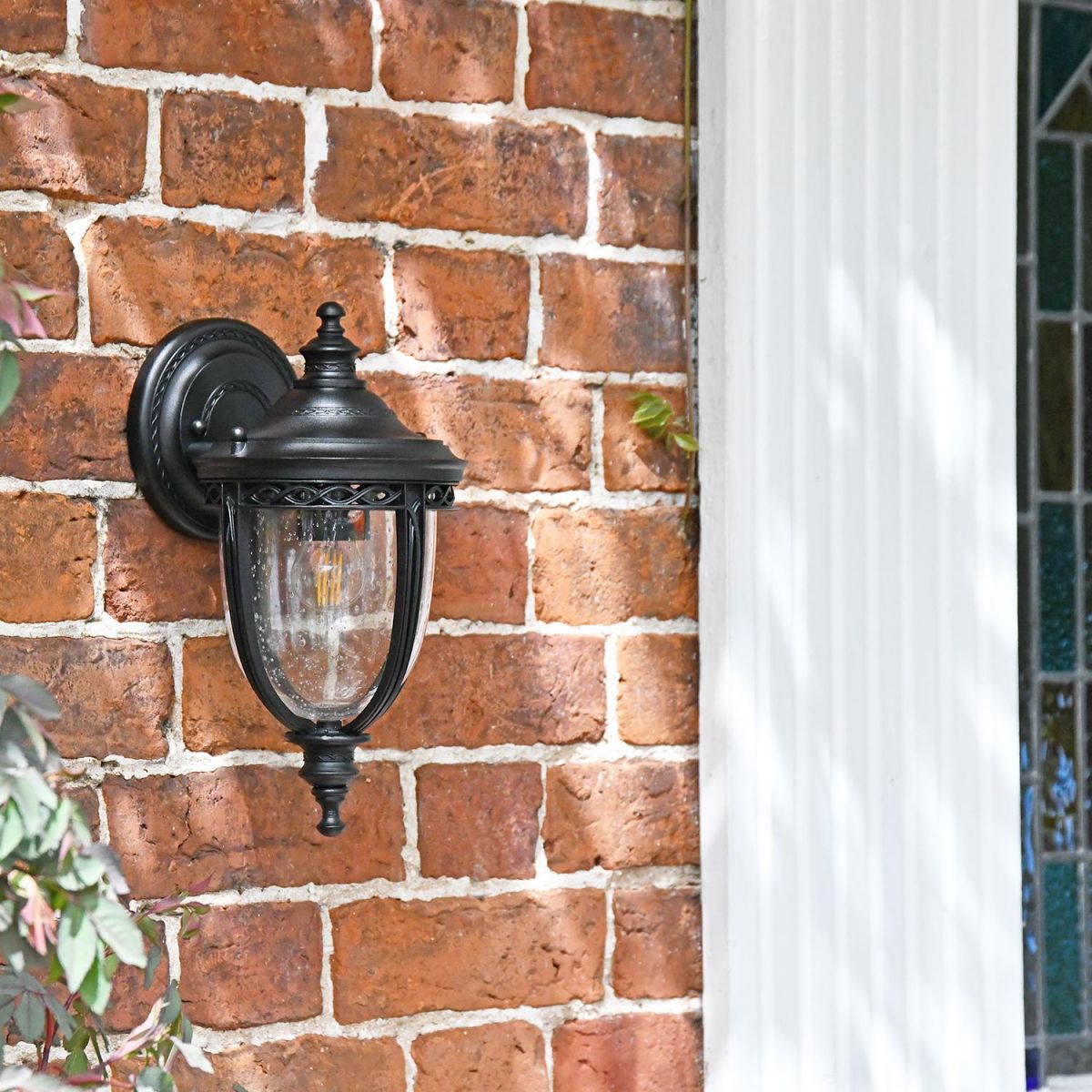 "Winsford" Traditional Top Fix Black Wall Lantern in Situ by the Front Door