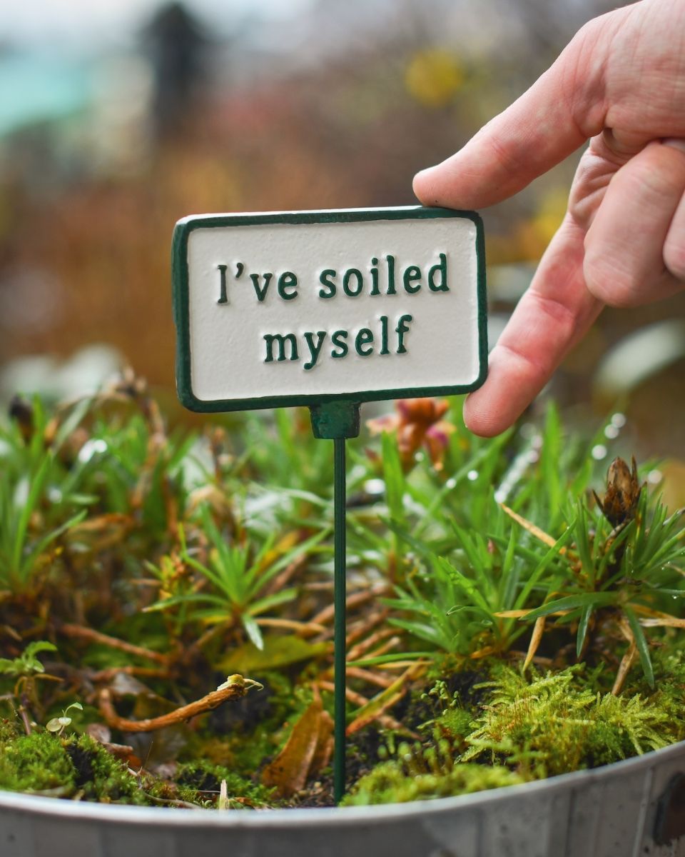 Witty Cast Iron Plant Pot Spike “I’ve Soiled Myself” with hand for scale reference