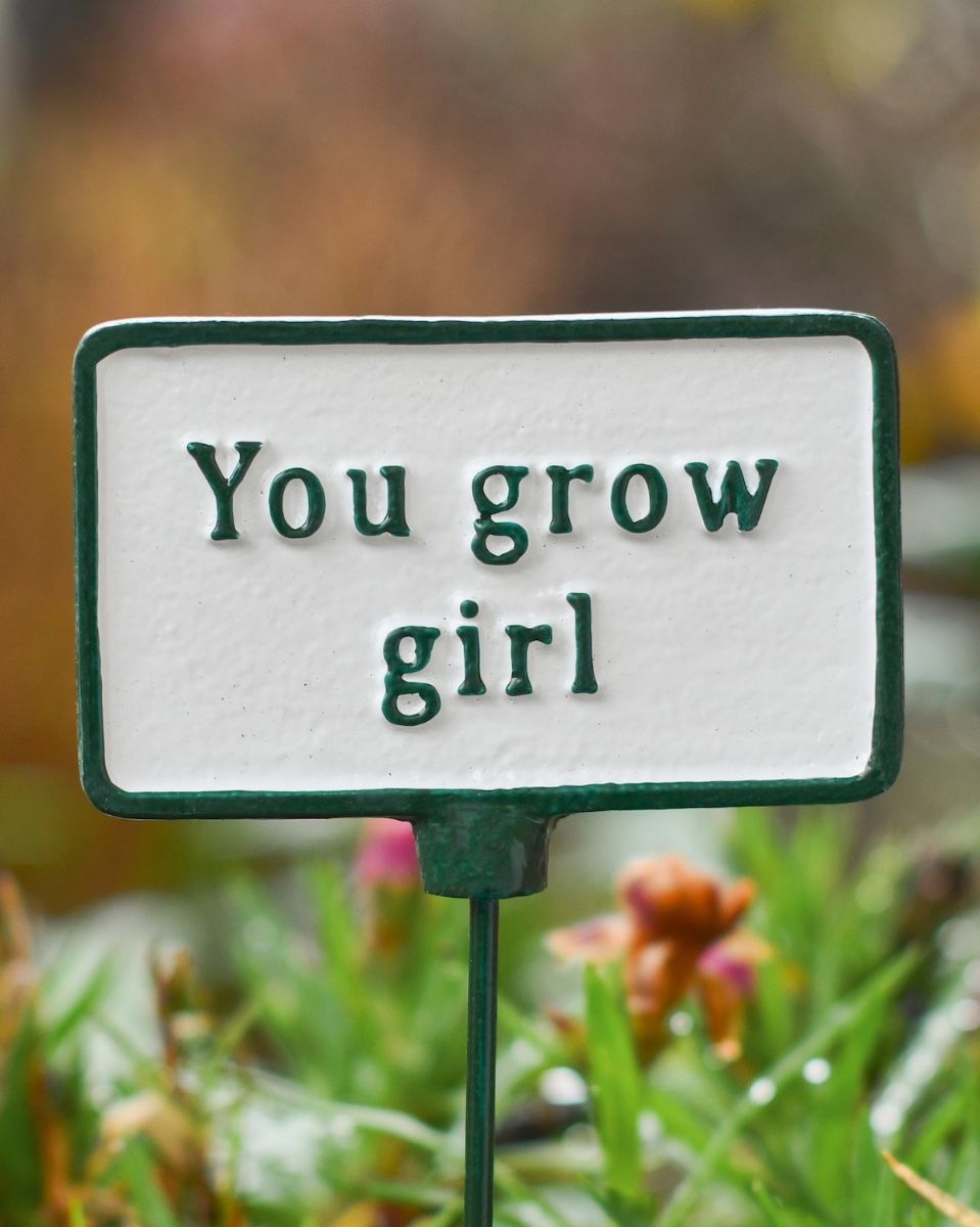 Witty Cast Iron Plant Pot Spike “You Grow Girl” close up