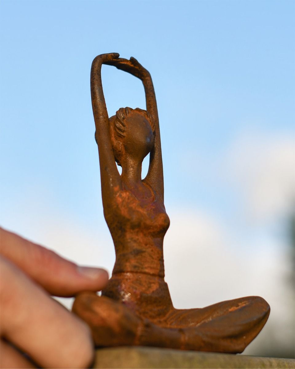 Rustic Cast Iron Yoga Pose Garden Sculpture Scale Shot 