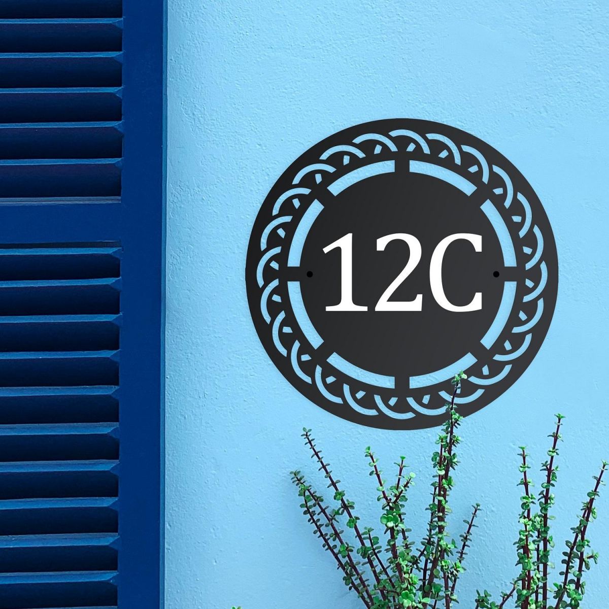 Circular Woven Iron House Number Sign in Situ Circular Woven Iron House Number Sign in Situ