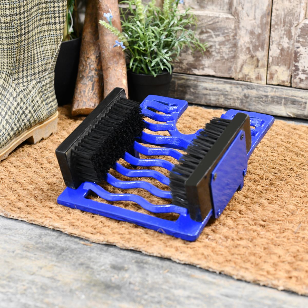 bright blue three in one boot brush, jack and scraper