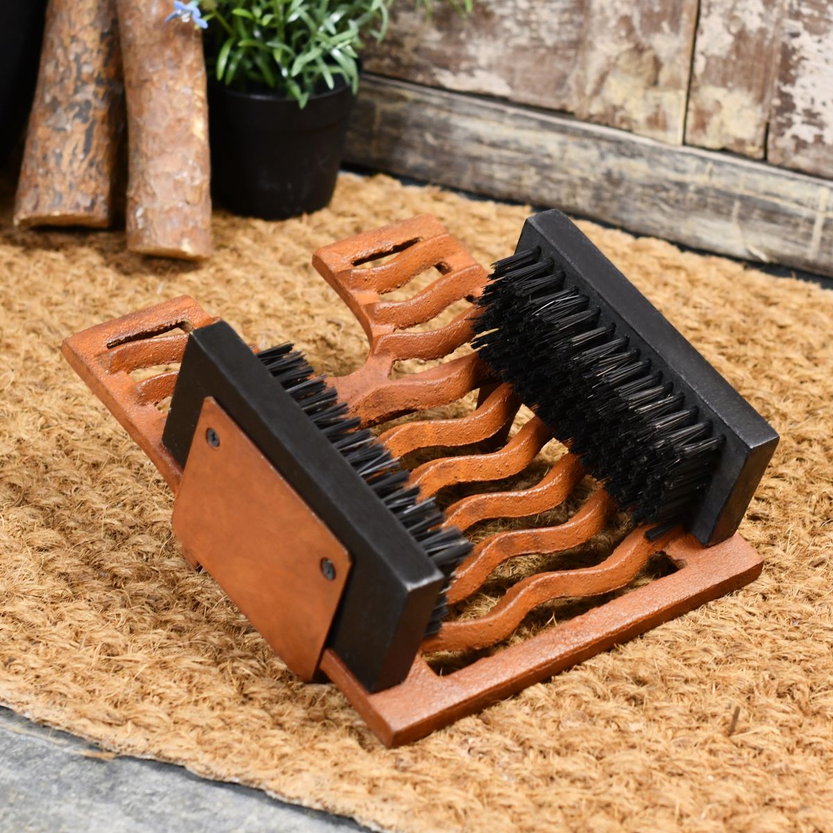 Rustic Three in one Boot Brush, Jack & Scraper on door matt