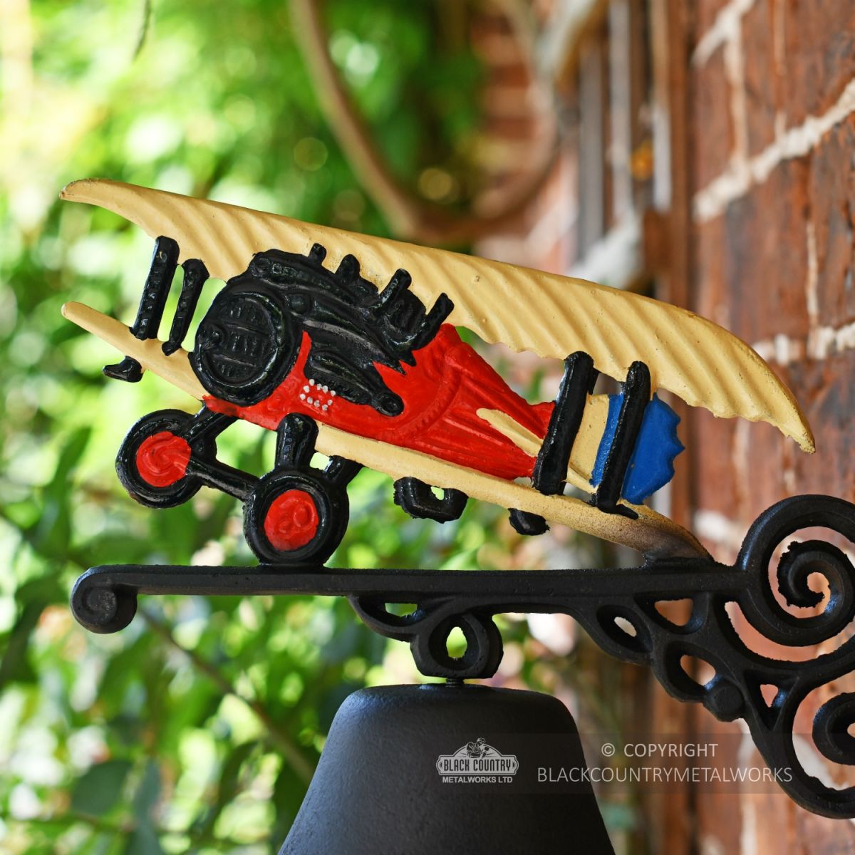 Cast Iron Hand Painted Garden Bell - Plane