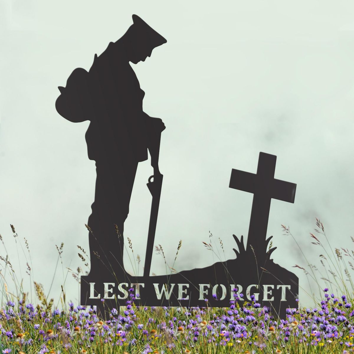 Black Memorial Ground Spike with WW2 Soldier Lest We Forget Motif Black Memorial Ground Spike with WW2 Soldier Lest We Forget Motif