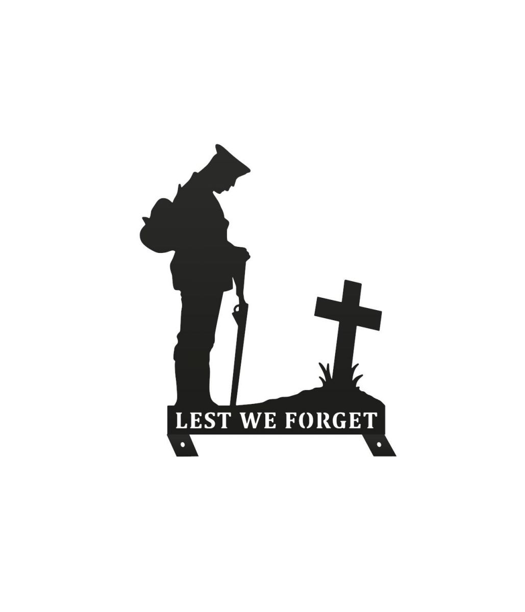 Black Memorial Fence Topper with WW2 Soldier "Lest We Forget" Topper with Mounting Plates