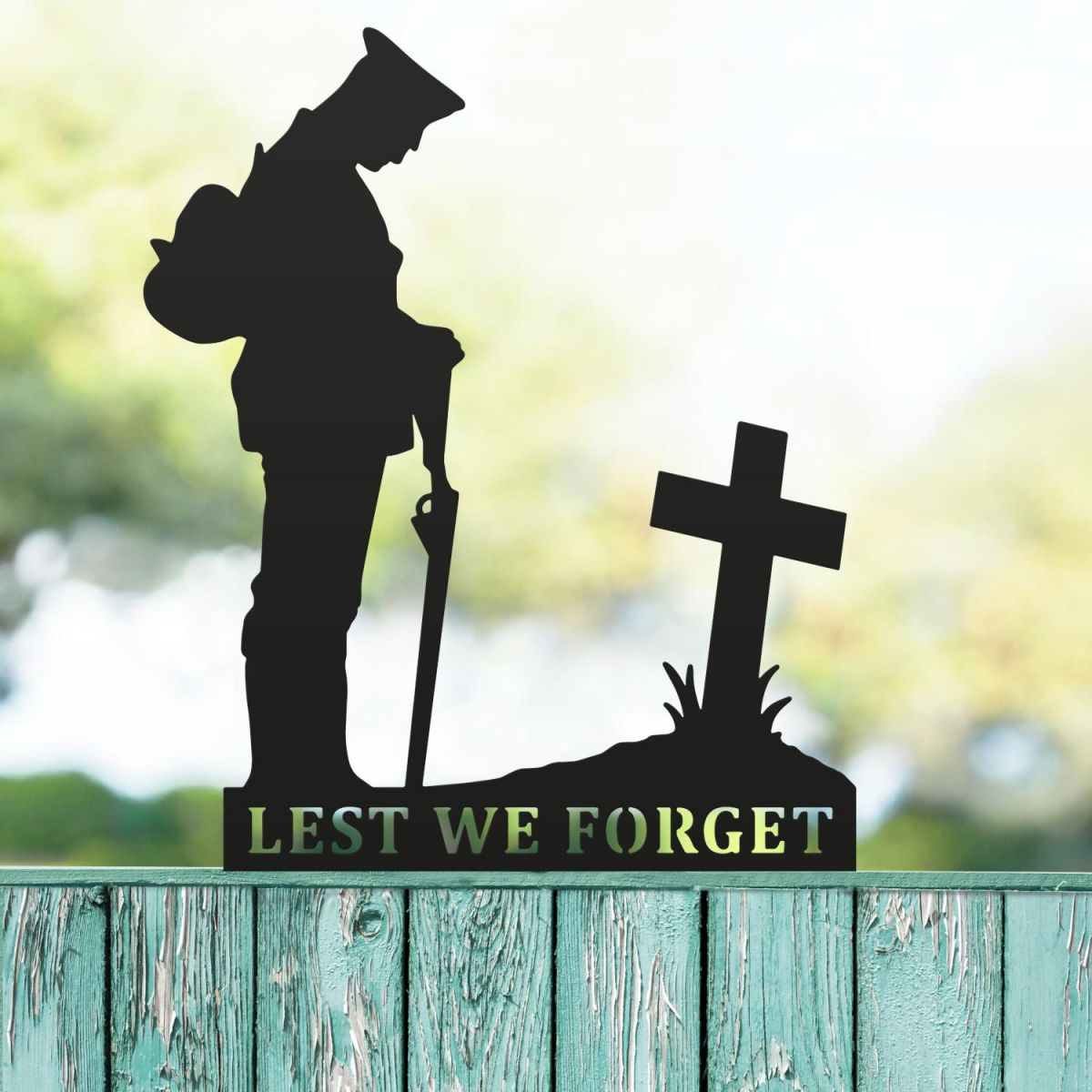 Black Memorial Fence Topper with WW2 Soldier "Lest We Forget" Motif