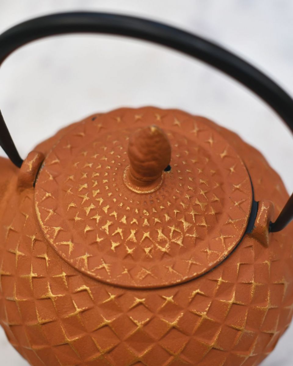 Close up of "Xinbei" Cast Iron Orange Japanese Style Teapot lid Close up of "Xinbei" Cast Iron Orange Japanese Style Teapot lid