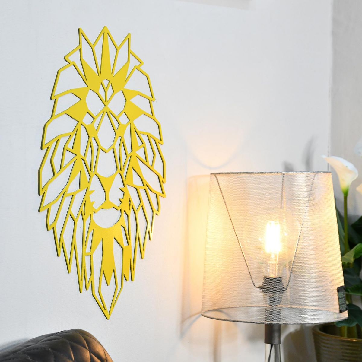 Geometric Lion Steel Wall Art in Situ by a Light
