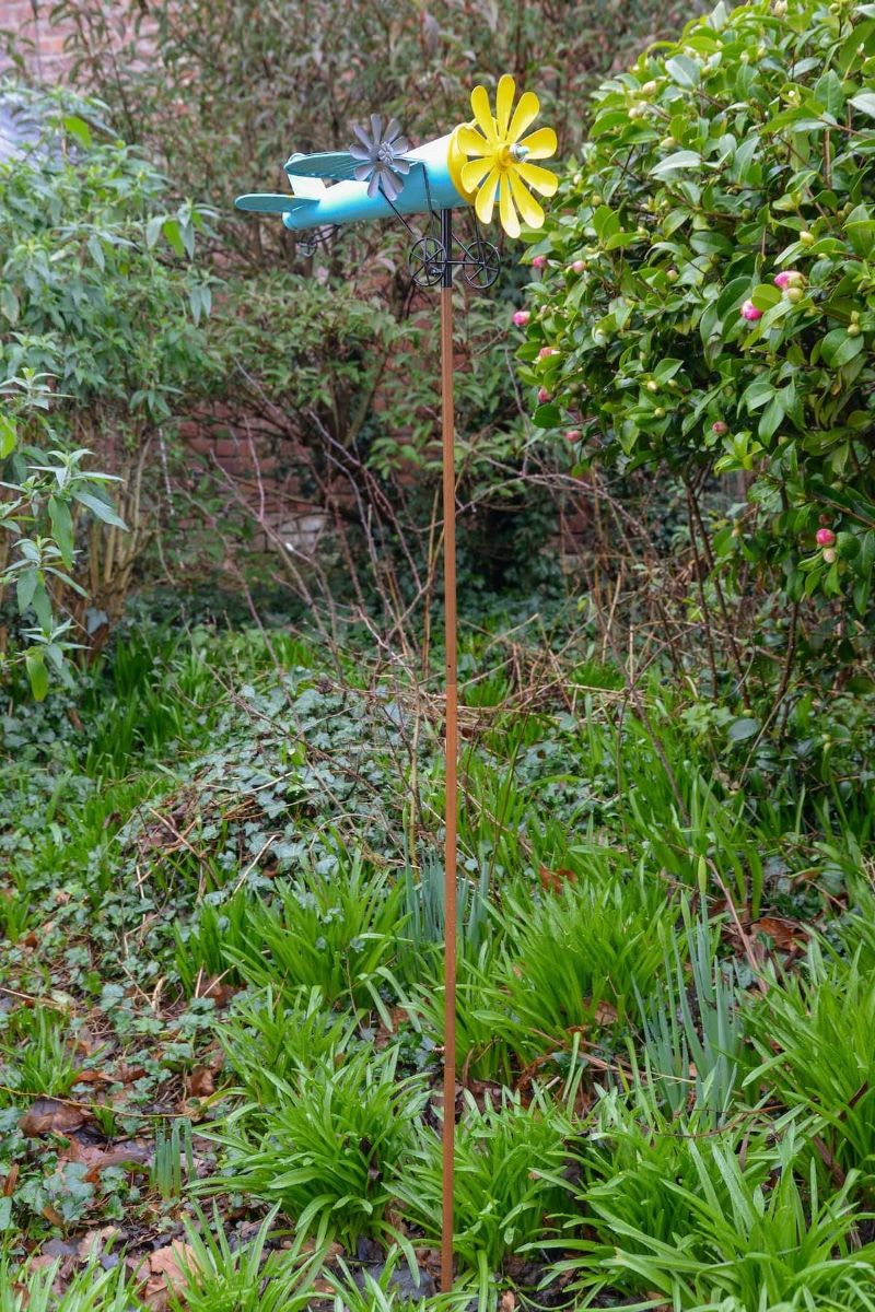 Vintage Airplane Wind Spinner Stakes in Blue and Yellow