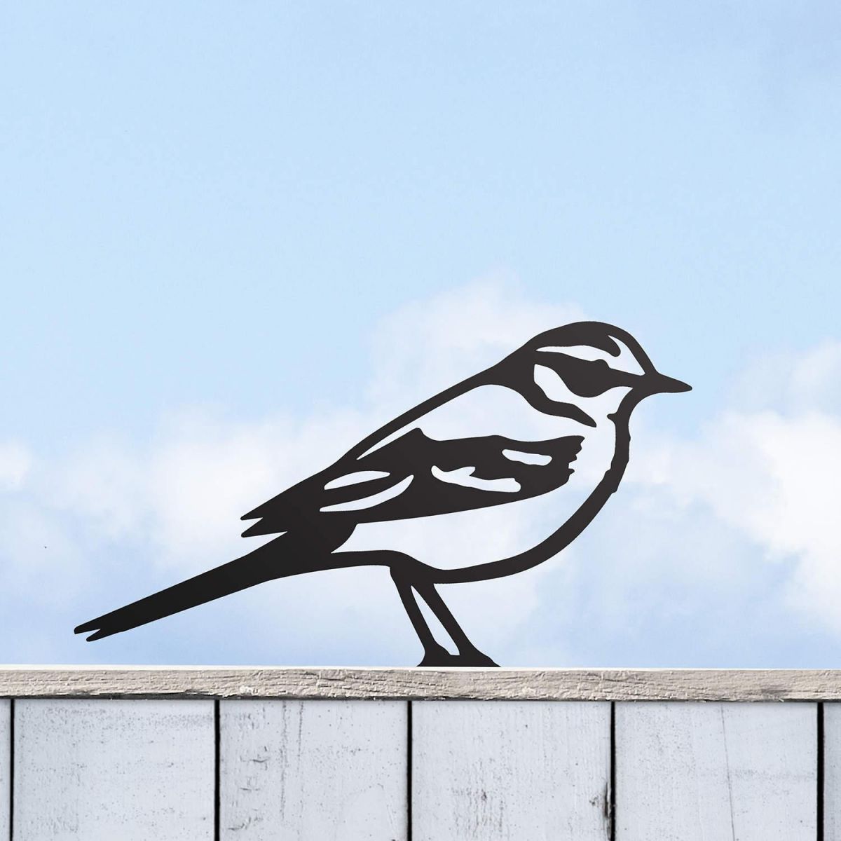 Yellow Wagtail Steel Fence Topper in Black in Situ Yellow Wagtail Steel Fence Topper in Black in Situ
