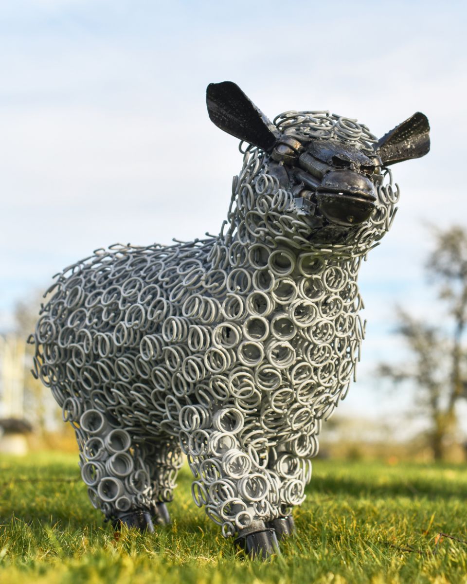 Full shot of Rustic Bed Spring Sheep Sculpture White Full shot of Rustic Bed Spring Sheep Sculpture White
