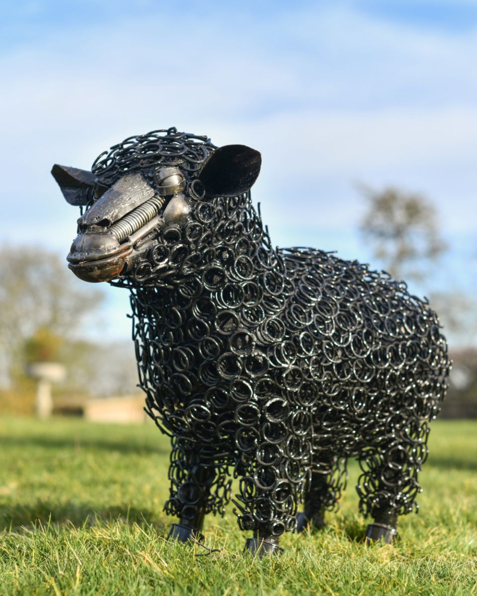 Full body shot of the Rustic Bed Spring Sheep Sculpture Black  Full body shot of the Rustic Bed Spring Sheep Sculpture Black