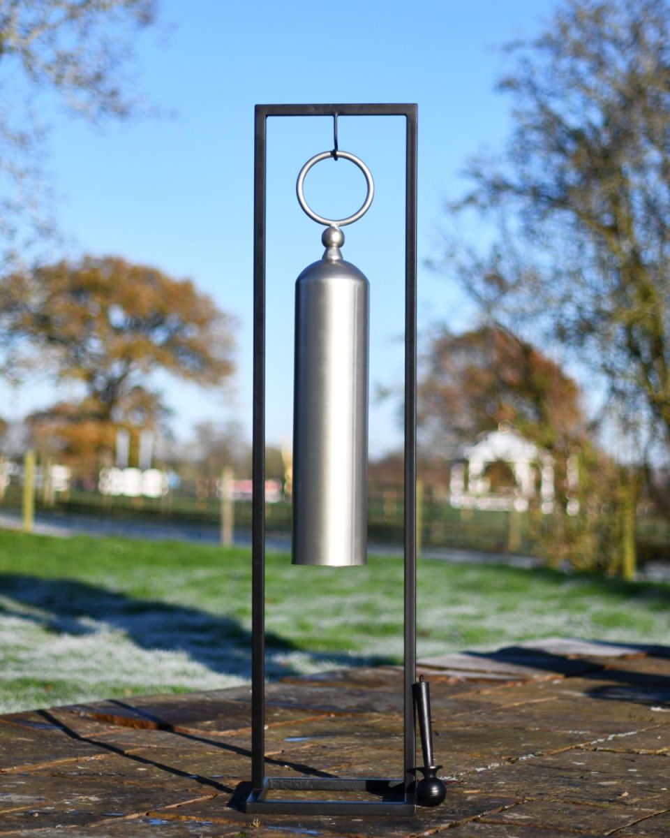 ZHEN Tubular Silver Powder Coated Gong on Stand in Situ