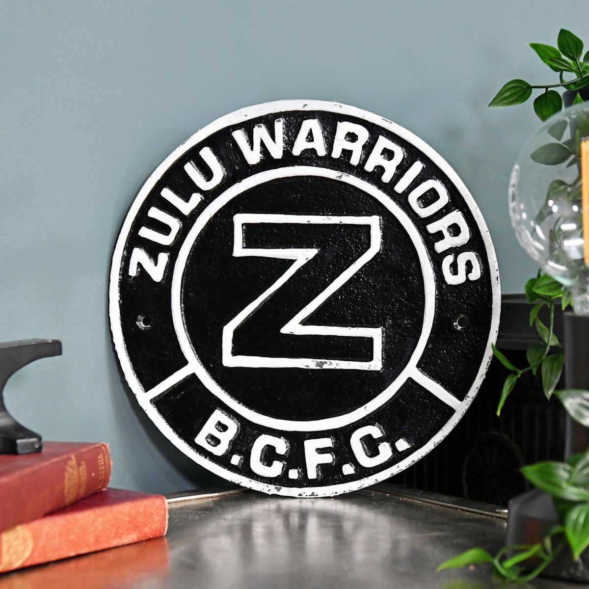 "Zulu Warriors" Birmingham City FC Cast Iron Sign in Situ on a Blue Wall