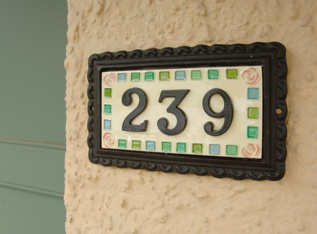 "Rose Mosaic" Large Black Iron & Ceramic House Sign