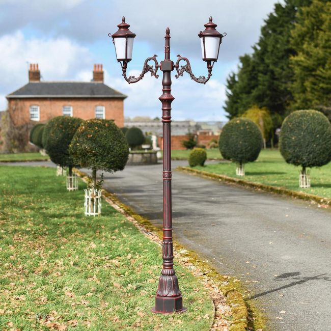 "Autumnhall" Double Headed Antique Red Traditional Lamp Post in Situ