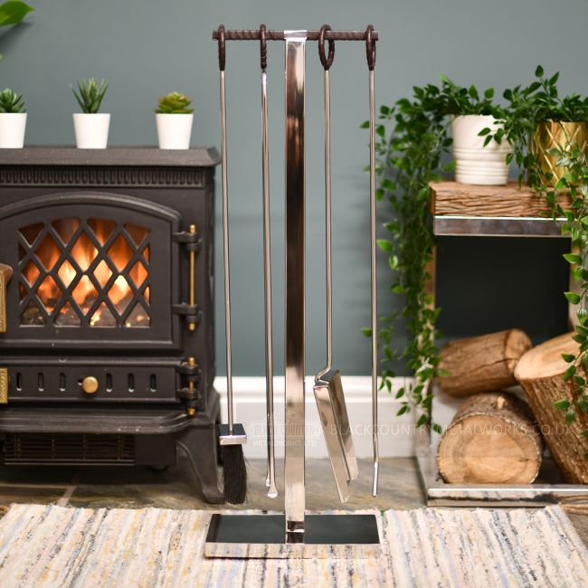 Contemporary Stainless Steel Companion Set with Leather Handles