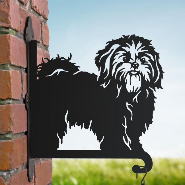 Shih Tzu hanging basket bracket on a summers day