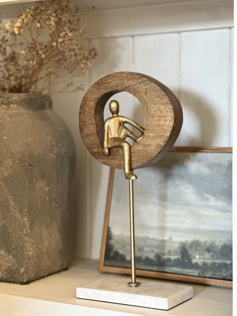 "Soul Searching" Aluminium, Mango Wood & Marble Sculpture - Gold