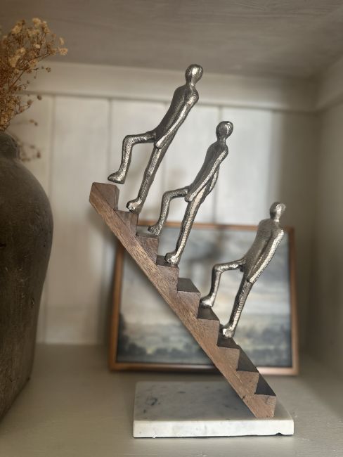 "The Higher you Climb" Aluminium, Mango Wood and Marble Sculpture - Silver