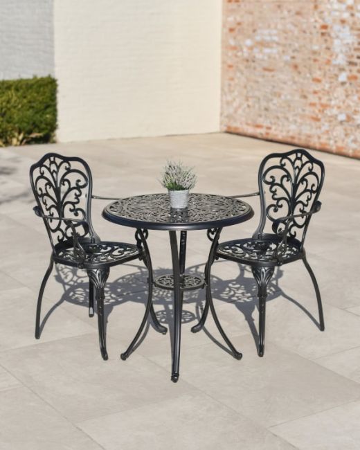 Aged Black "Harlington" Two Seater Garden Table & Chair Set Main Image Aged Black "Harlington" Two Seater Garden Table & Chair Set Main Image