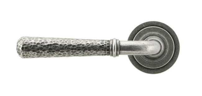 Aged Pewter Hammered Unsprung Lever Door Handle on Art Deco Rose Front Aged Pewter Hammered Unsprung Lever Door Handle on Art Deco Rose Front