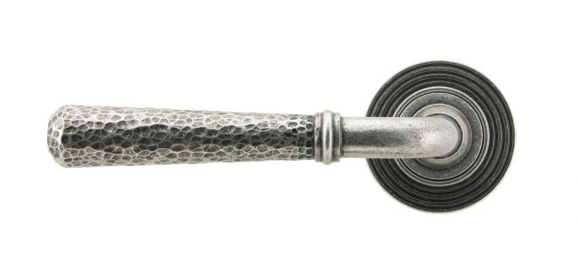 Aged Pewter Hammered Unsprung Lever Door Handle on Beehive Rose Front Aged Pewter Hammered Unsprung Lever Door Handle on Beehive Rose Front