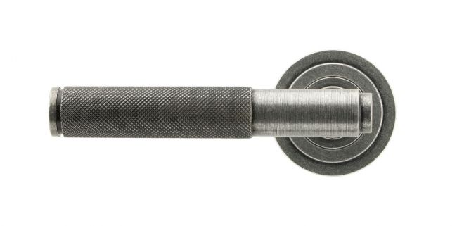 Aged Pewter Textured Unsprung Lever Door Handle on Art Deco Rose Front Aged Pewter Textured Unsprung Lever Door Handle on Art Deco Rose Front